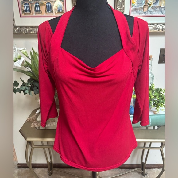 JOSEPH RIBKOFF Red Off The Shoulder Halter Style Blouse Drape Neck Top Sz 16 - Picture 5 of 11